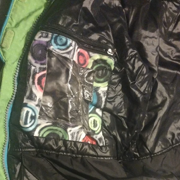 Obermeyer Kids Lime Green Raincoat With Blue Lining And Many Pocket And Features - Picture 8 of 14